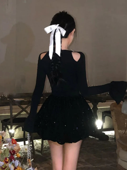 Autumn Winter Knitted Black Dresses for Women Long Sleeves High Waist A-line Birthday Party Dress Mini Vestidos Female Clothing