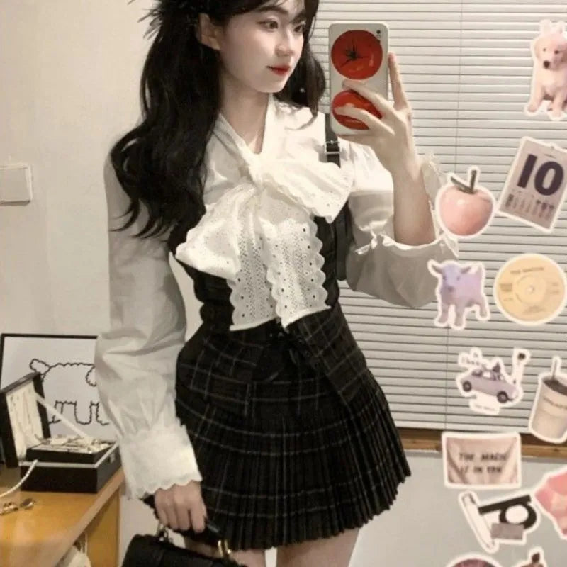 Autumn Korean Retro Sweet 3 Piece Set Women White Shirt + Strap Vest + Pleated Skirt Design College Style Fashion Y2k Suit