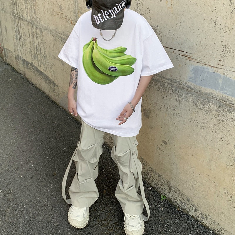 Banana Print Korean Chic Y2k Short Sleeve T-shirt Couples Large Loose Casual Tops All-match Slim Fit Tees
