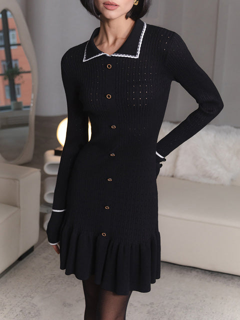 JULISSA MO Knitted Turn-down Collar Women Dress White Long Sleeve Single Breasted Dress Female Autumn Skinny Elegant Streetwear