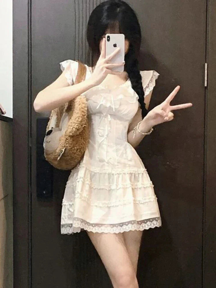 Voguable Y2k Coquette White Lolita Sweet White Kwaii Cute Mini Dress Lace Bow Princess Slip Lace Short Dresses Fashion