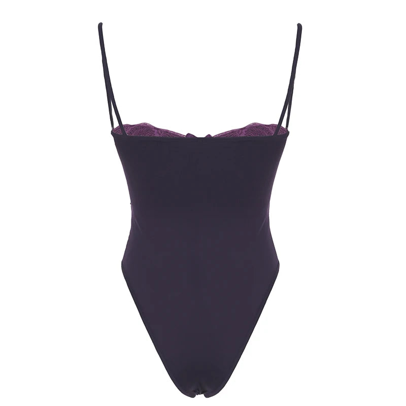 Lace Trim Bow Halter Rompers Women Sexy Hotsweet Fashion Patchwork Purple Bodysuit s Trendy New