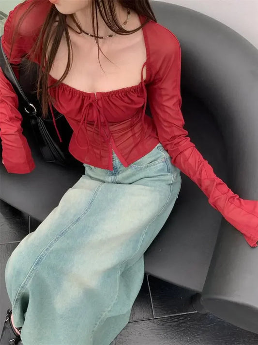 Voguable Burgundy Mesh Tops Long Sleeve Lace Up Square Collar T Shirt Crop Top Grunge Y2k Chic Tops Streetwear