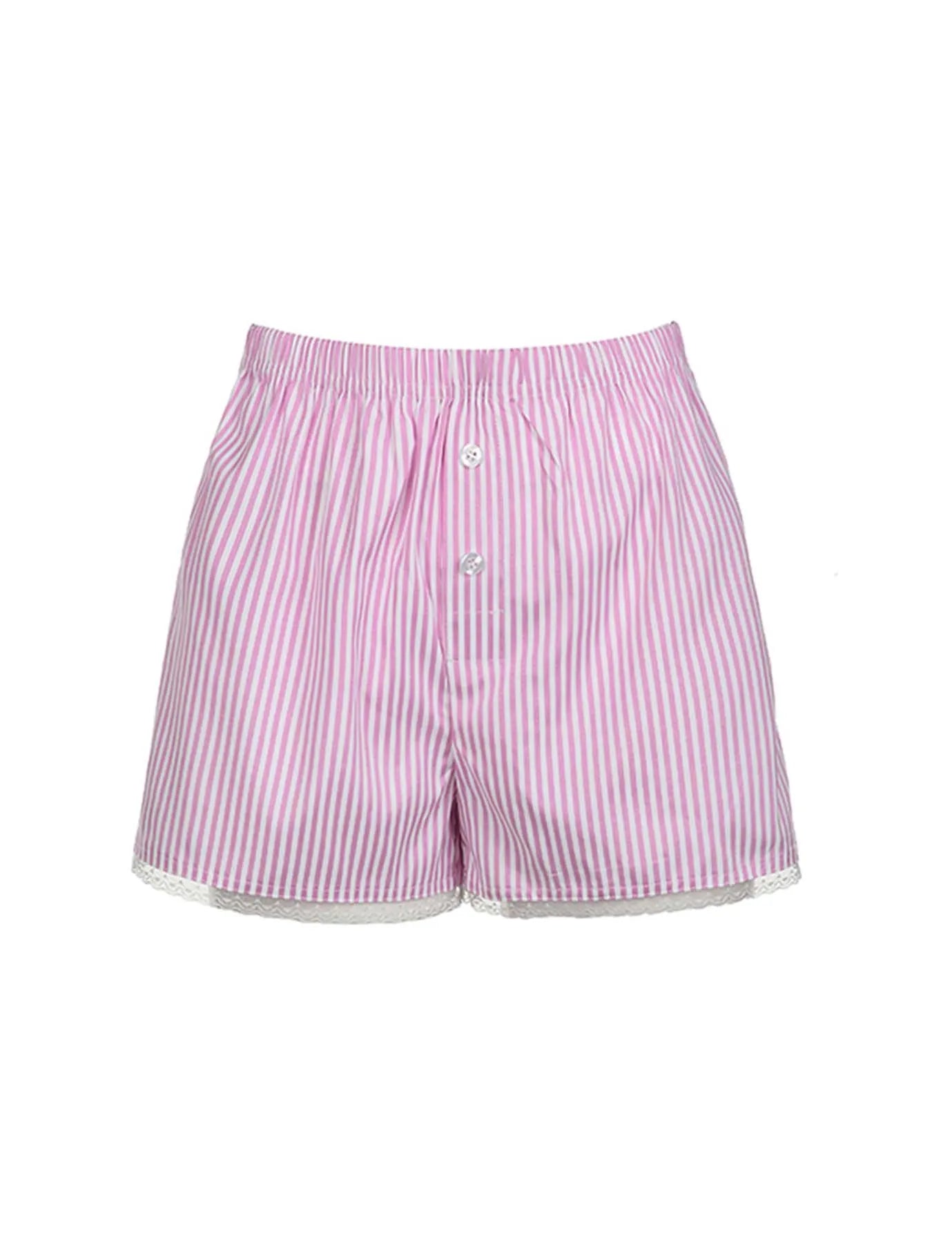 Pink Sweet Y2K Lace Trim Stripe Casual Summer Shorts Women Japanese Kawaii Elastic Waist Button Loose Vacation Outfits