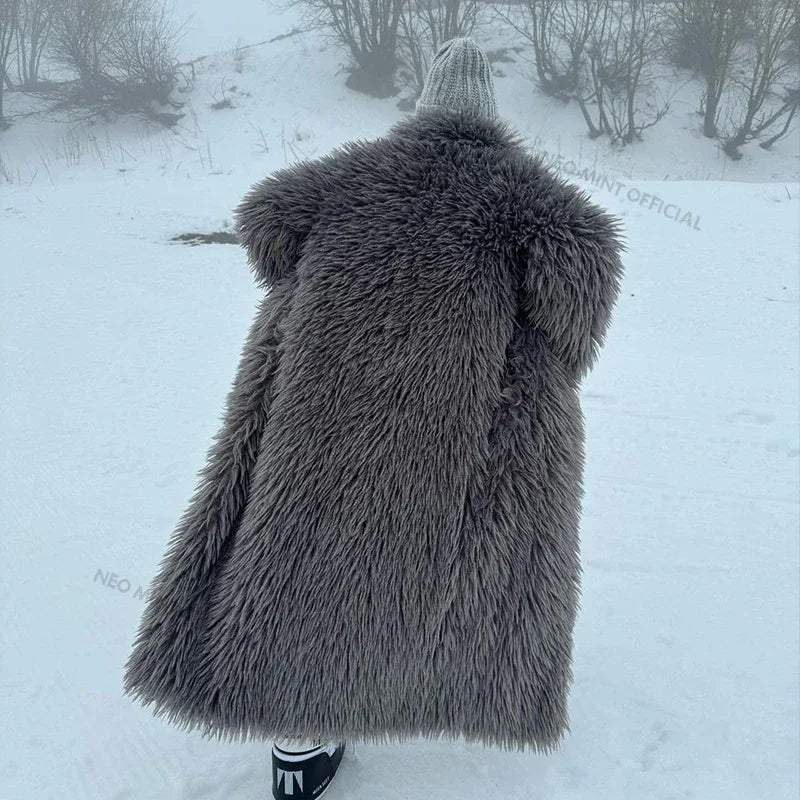 Extra Long Luxury Lamb Fur Teddy Coat Women Winter Ladies Mob Wife Style Oversized Chunky Faux Fur Jacket Overcoat