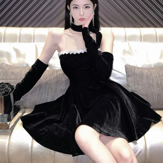 French Vintage Strapless Mini Dresses Women Lace Patchwork A-line Evening Party Dress Korean Fashion Y2K Mini Vestidos Mujer