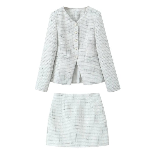 French Style Retro V collar Plaid Woven Tweed Blazer + High Waist Mini Short Skirts Suits 2 pieces 1 Set Black White