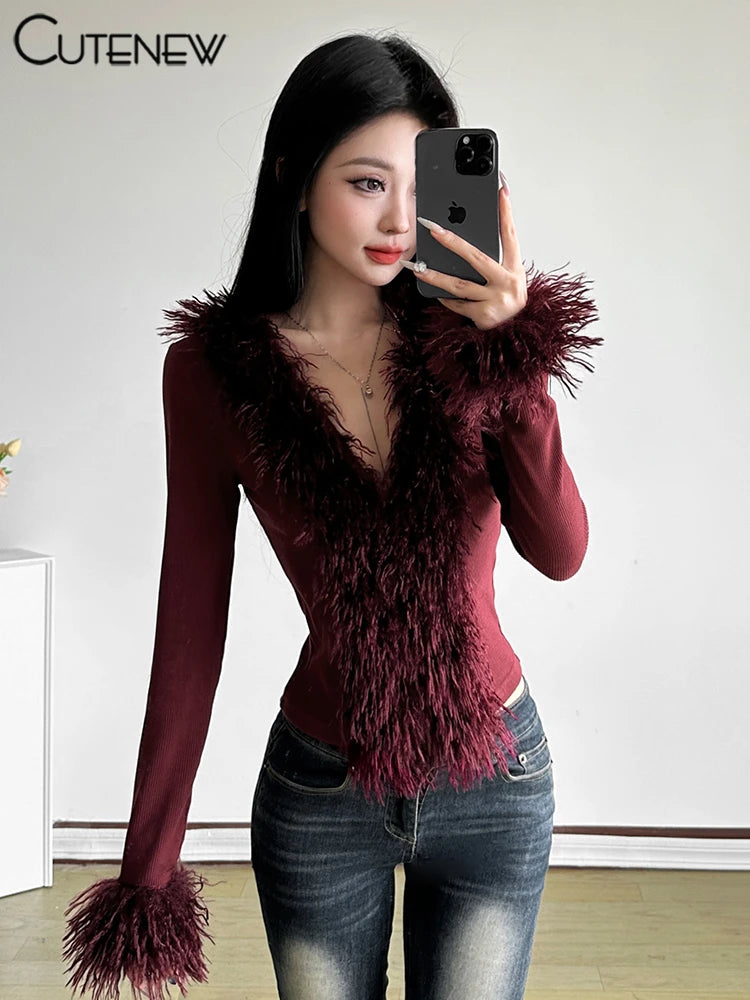 Feather Patchwork Women Tops Autumn Hipster Solid Full Sleeve V-neck Split Ribbed Slim Tee Female All-matched Streetwear