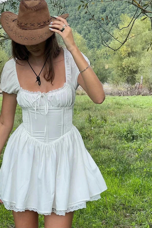 Puff Sleeve Lace Backless A-Line Mini Dress