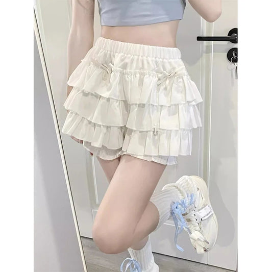 Y2K Sweet Ruffles Mini Skirt Women Kawaii Lolita Bow A Line Skirts Harajuku Japanese High Waist Pink White Ball Gown Skirt