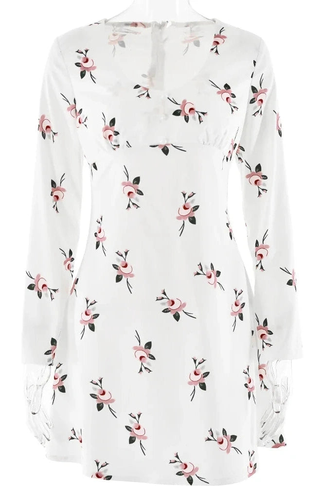 Printed V-Neck Long Sleeve Mini Dress