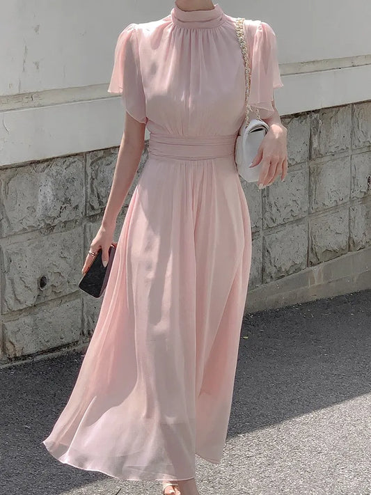 Elegant Solid Midi Dresses for Women Ruffles Half-high Collar A-line Office Lady Casual Korean Fashion Autumn Vestidos Mujer New