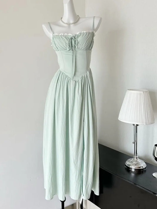 Summer New Spaghetti Strap Backless Midi Dresses for Women Lace-up Sleeveless Beach Style Korean Fashion One Piece Vestido Mujer