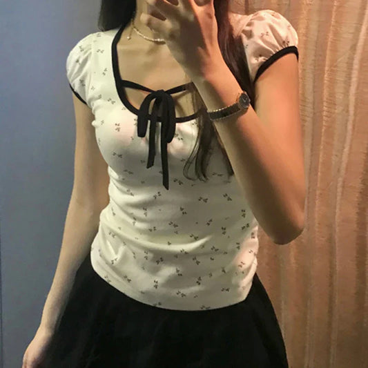 Voguable Y2K Floral Print T-shirt Contrast Color Lace-up Square Collar Short Sleeve Tops French Style Cute Tees