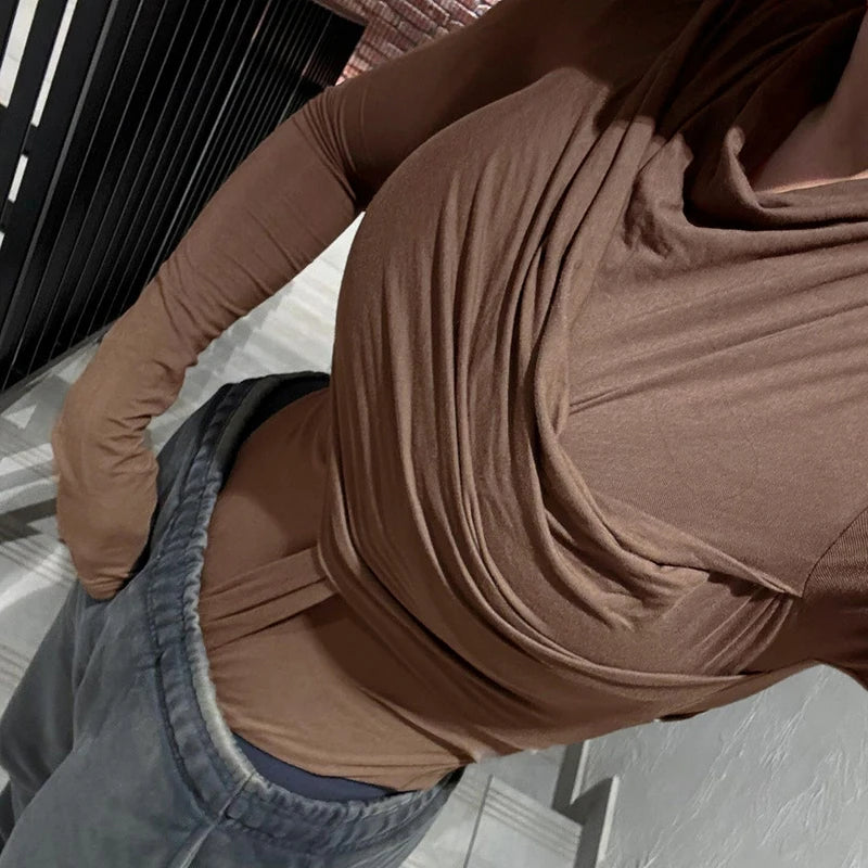 Brown Irregular Folds Women Bodysuit Stylish Chic Long Sleeve Autumn Fitted Body Top O Neck Rompers Sexy Clubwear