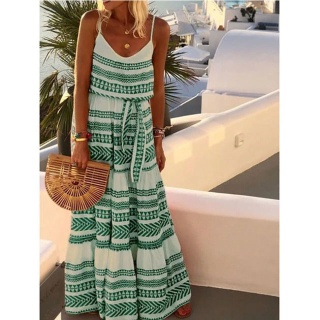 Bohemian Style Print Spaghetti Strap Long Dresses Women V-neck Leace-up Casual Beach Camisole Dress 2025 Summer New Lady Vestido