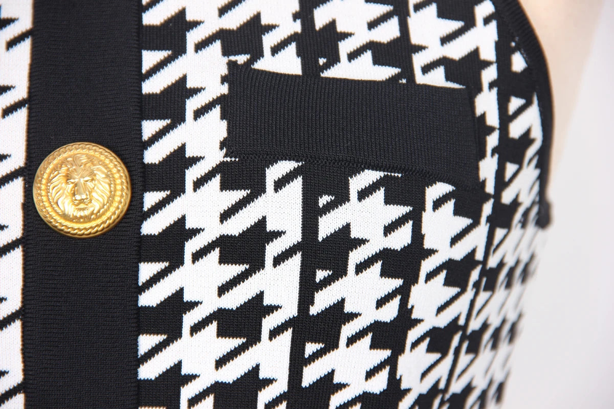 Julien Houndstooth Dress with Gold Buttons