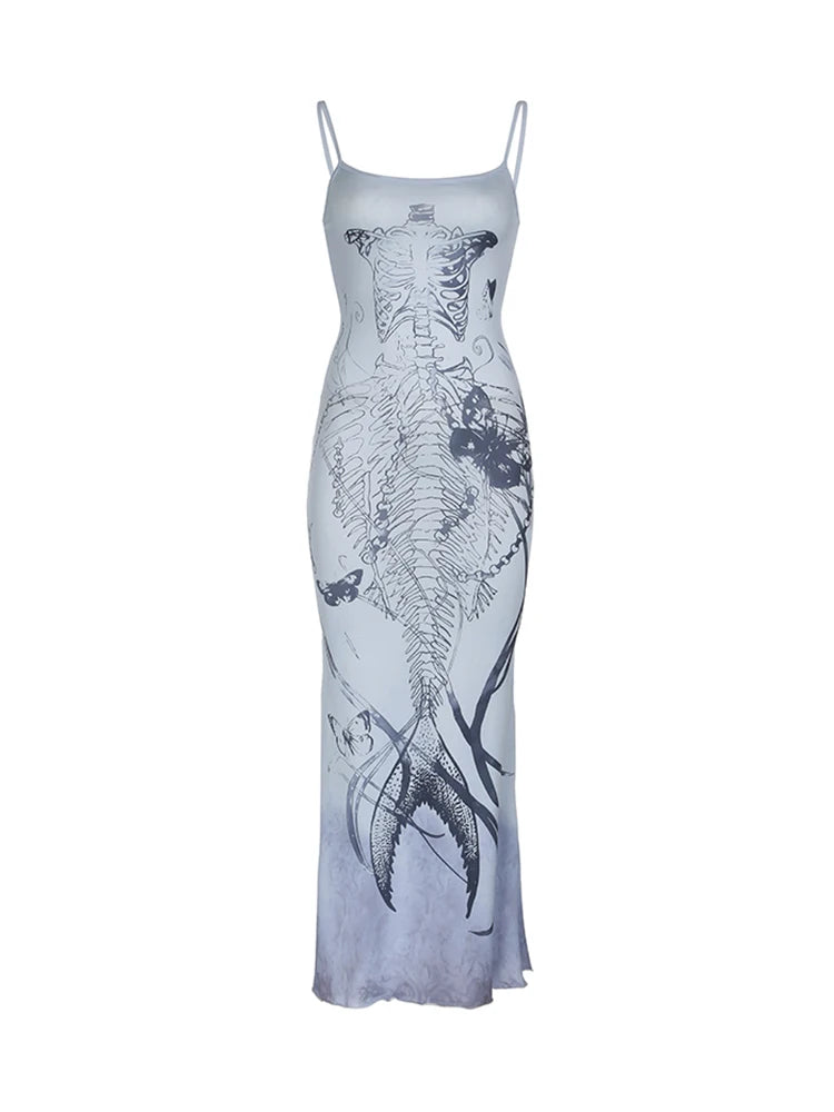 Print Goth Y2K Spaghetti Straps Dress Women Aesthetic Mermaid Summer Dresses