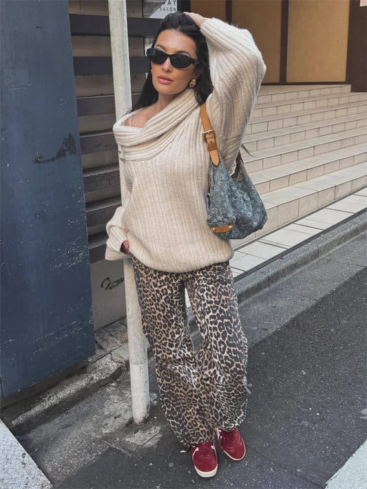 Knit Sweater Pullover For Women Loose Off-Shoulder Ribbed Long Sleeve Fashion Streetwear Knitwear Casual Autumn Sweater
