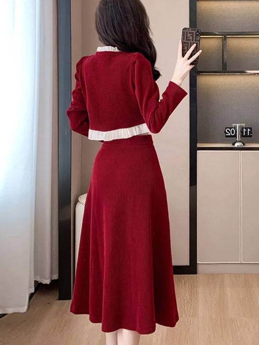 Autumn Winter Corduroy Two-piece Skirt Set Women Long Sleeve Ruffles O-neck Top Solid Midi Skirt Korean Fashion Outfits New