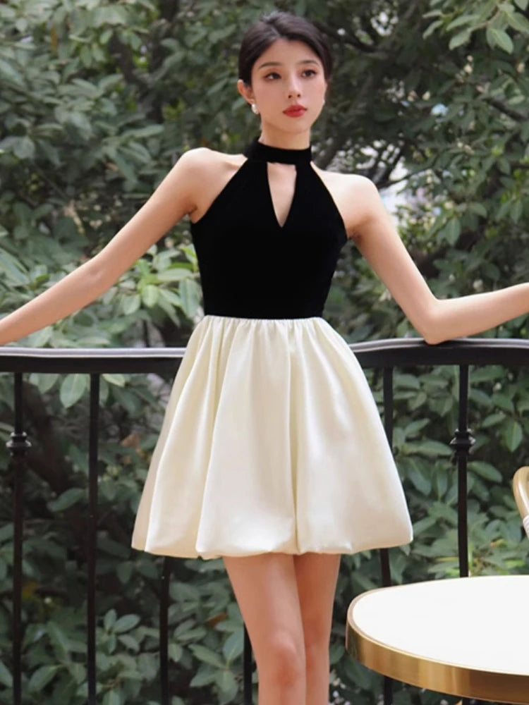 Woman Spring Summer New Elegant Velvet Patchwork Mini A-line Dresses Sleeveless Party Prom Fashion One Piece Clothes