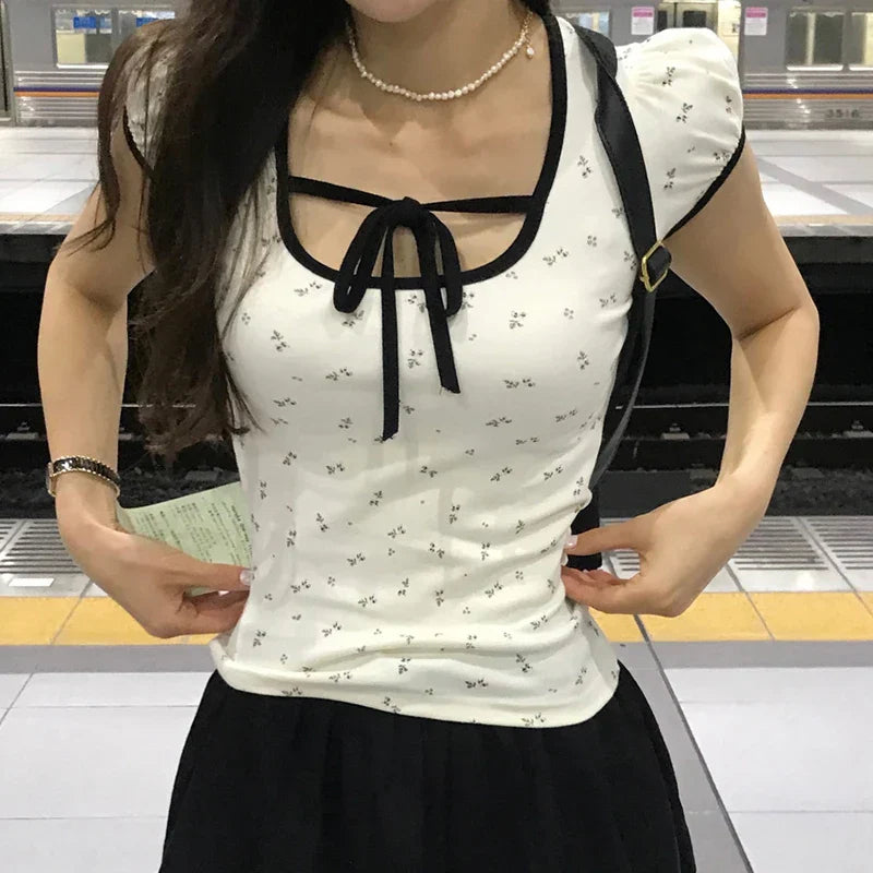 Voguable Y2K Floral Print T-shirt Contrast Color Lace-up Square Collar Short Sleeve Tops French Style Cute Tees
