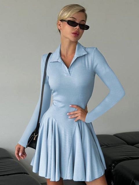 Long Sleeve Pleated Knit Mini Dress For Women Robe Autumn Winter New Lapel High Waist Knitted Sweater Dress Elegant