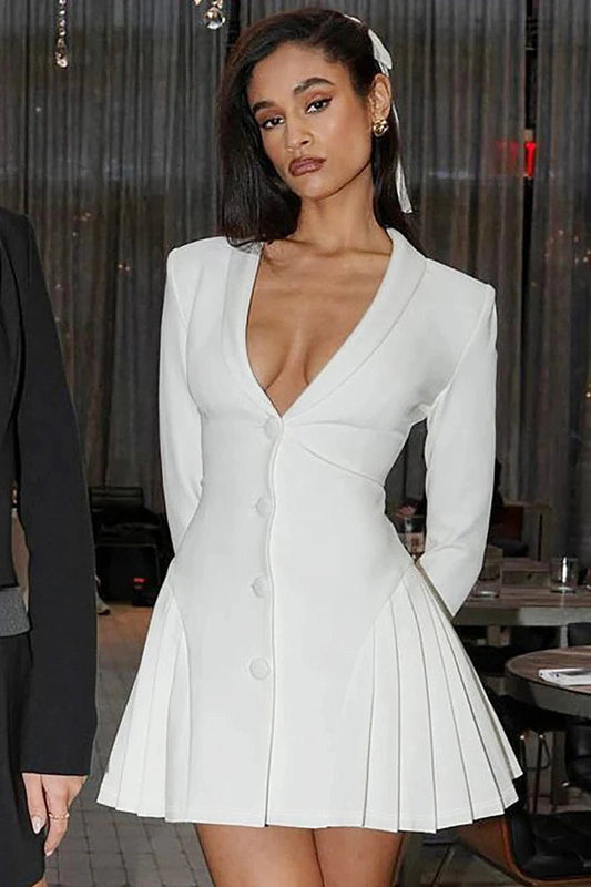 Patchwork V-Neck Slim High Waist Long Sleeves Mini Dress