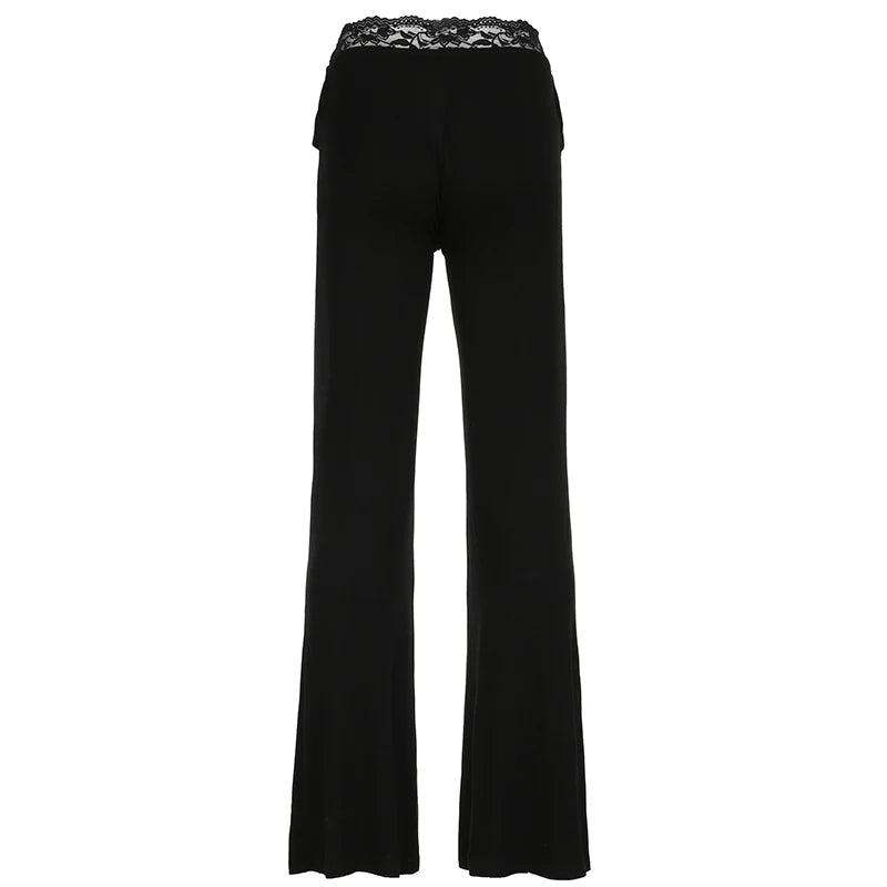 Solid Lace Trim High Waist Flared Pants Hotsweet Y2k Women s Trendy Basic Fashion Trousers Casual