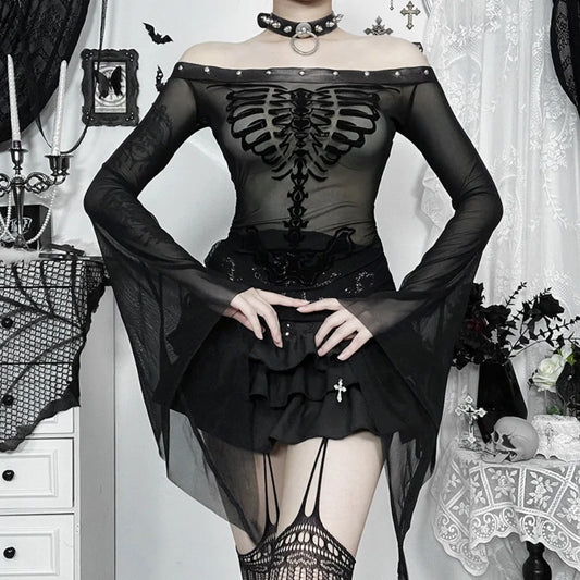 Flocked Skull Print Bell Sleeve Mesh Top