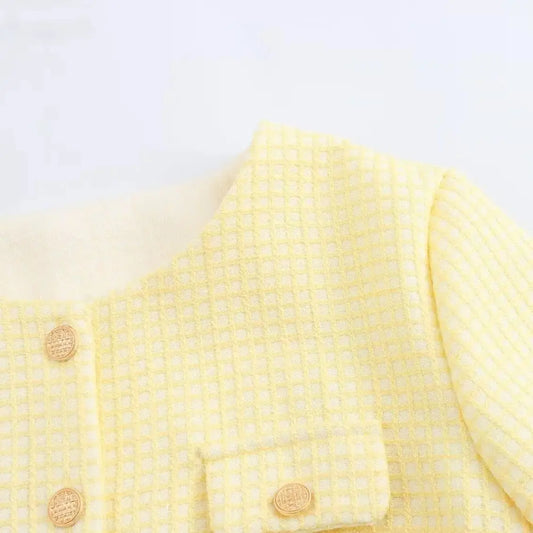Autumn O neck Yellow Plaid Tweed Coat Cropped Vintage Women Front Pockets Gold Buttons Short Blazer Elegant Jacket