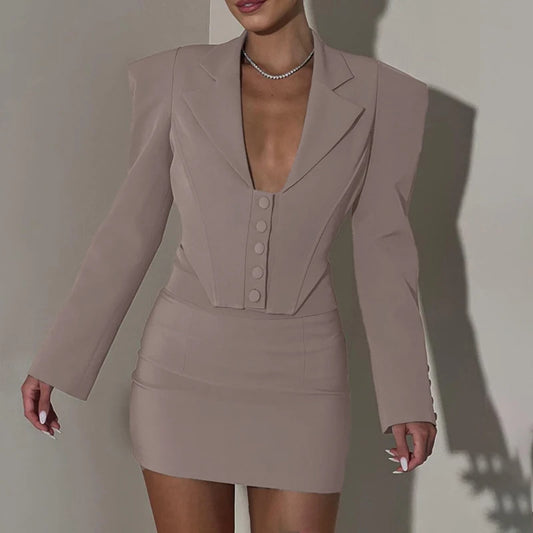 Fall New Mini Skirt Suit Long Sleeve Lapel Fishbone Top Hip-Covering Skirt Sexy Bodycon Two-Piece Commuting Sets Female