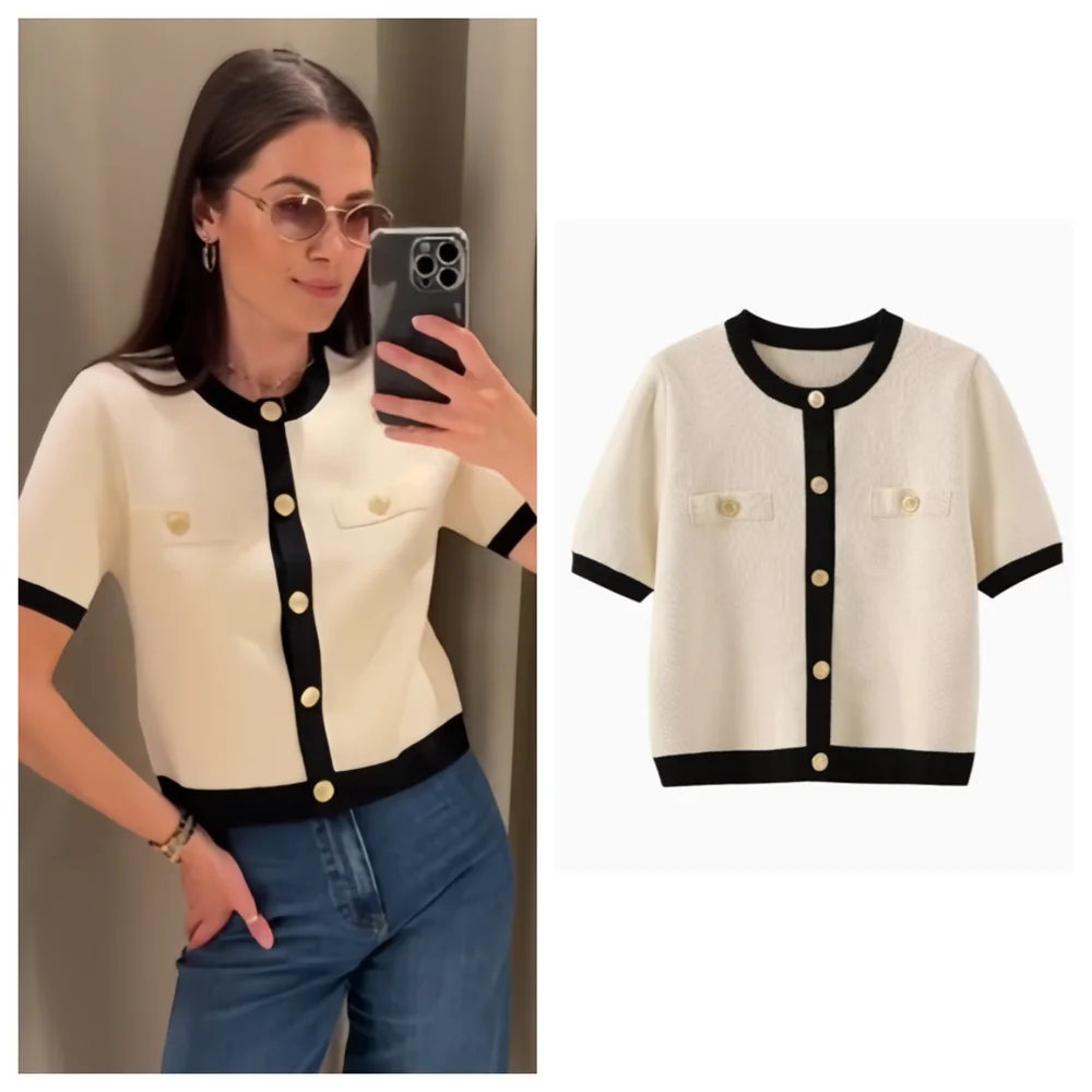 Spring New Women’s Fashion and Elegance Slim Fit Versatile Knitted Spliced Short sleeved Coat
