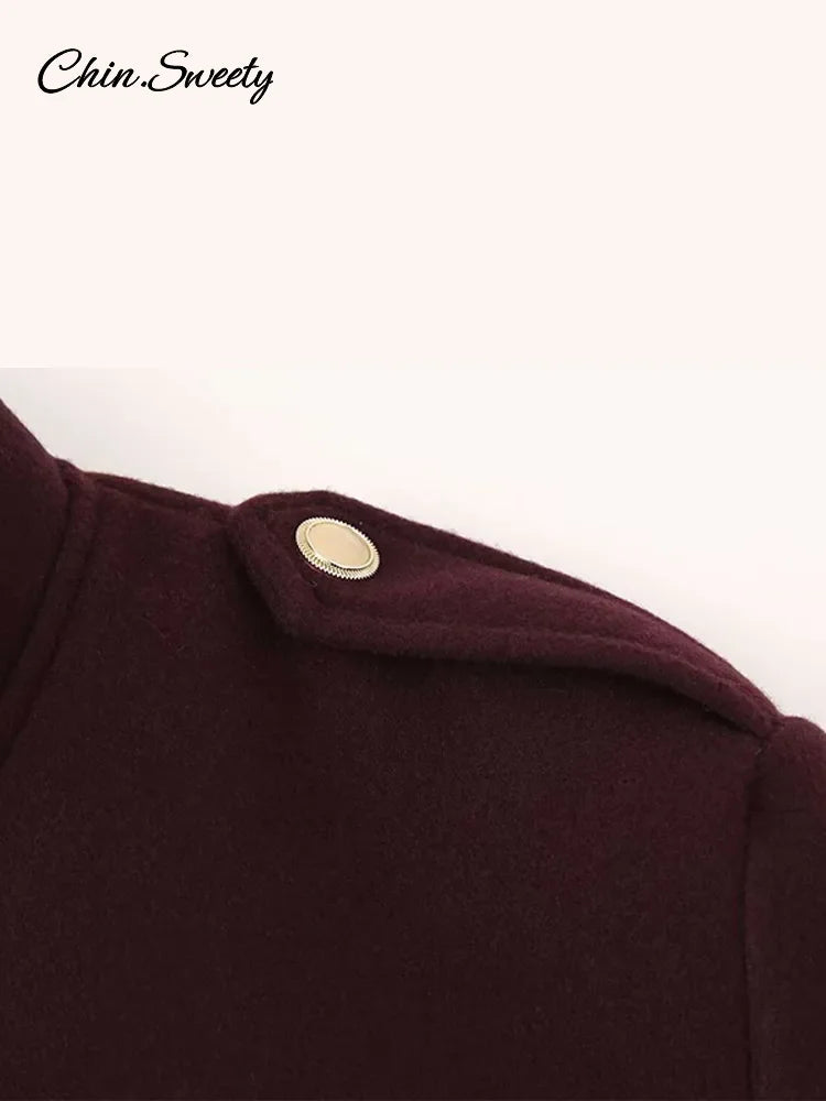 Burgundy Color Woolen Jacket For Women Stand Collar Single Breasted Pocket Thick Short Coat Autumn Lady Commute Outwear New