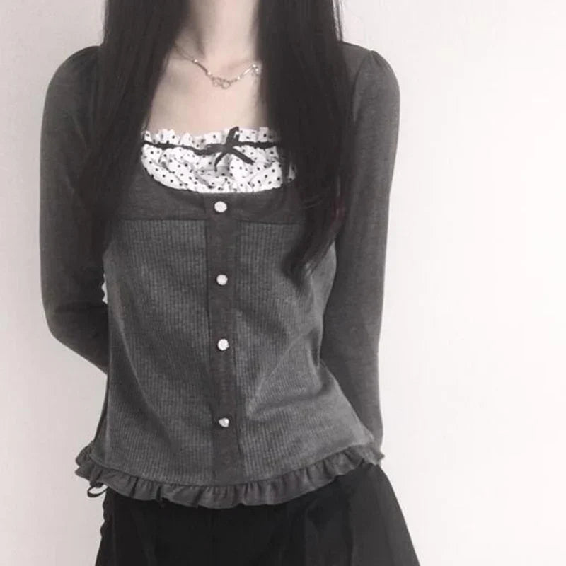 Voguable Y2K Polka Dot Print Contrast Patchwork Knitted Tops Grey Cute Bow T-shirts Slim-fit Long Sleeve Knitwear