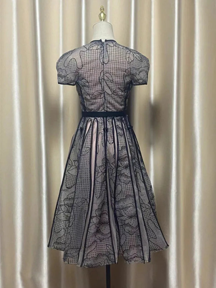 Vintage Party Dress Fashion O Neck Short Sleeve Lace Mesh Embroidery Elegant Long Dresses For Women 2025 Spring Summer 8980