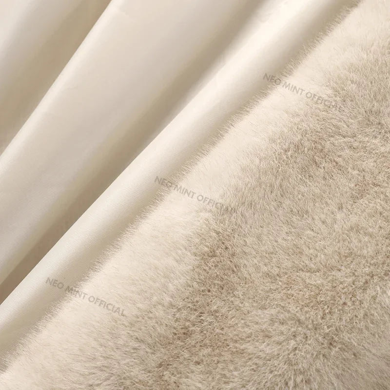 Belted Faux Mink Fur Coat Women Winter Beige Gradient Furry Fur Jacket Luxury Brand Hooded Warm Outerwear Overcoat