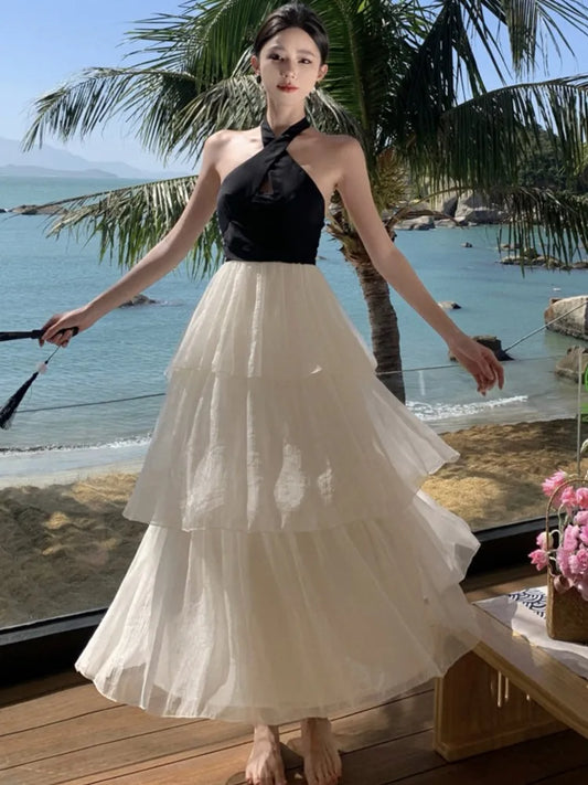 Elegant Patchwork Ruffles Cake Dresses for Women Halter Sleeveless Backless Evening Party Dress Prom A-line One Piece Vestido