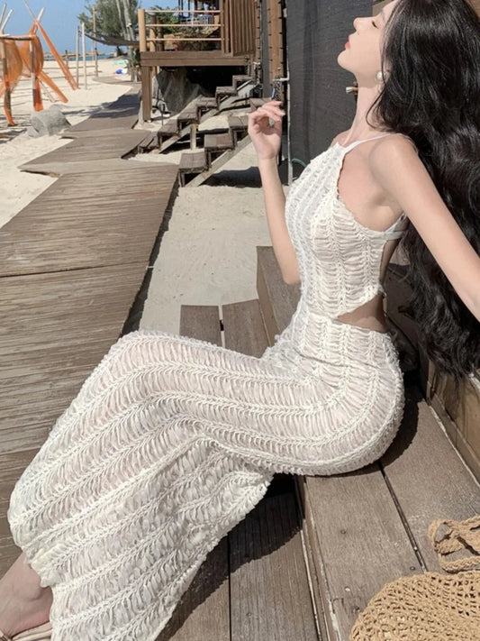 Sexy Knitting Backless Bodycon Dresses for Women Halter Slim Party Dress Sleeveless Korean Fashion Holiday Style Vestidos Mujer