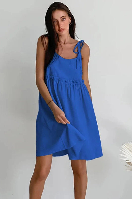 Spaghetti Strap Loose Mini Dress with Lace Up Detail