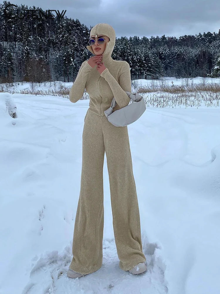 Classic Sporty Women 2Piece Set Concise Autumn Tracksuits Solid Hooded Zip-up Crop Tops+Matching Pants Female Knit Suits