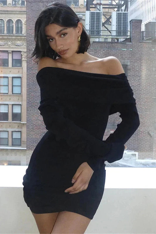 Off-Shoulder Pleated Long Sleeve Mini Dress