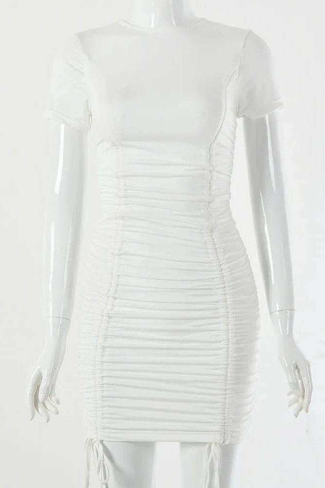 Lace Up Pleated Short Sleeve Mini Dress