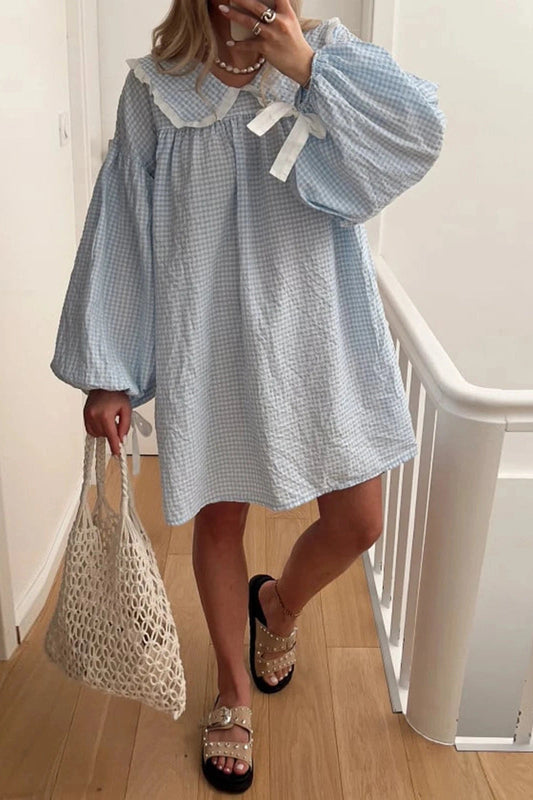 Plaid Mini Dress with Elegant Puff Sleeves