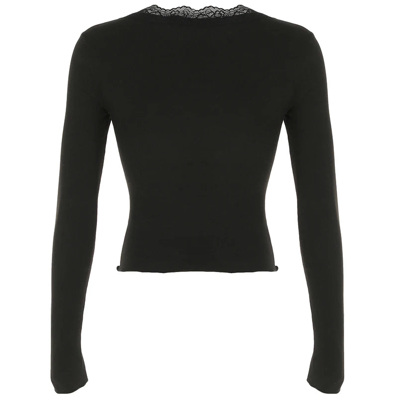 Solid Ruched Lace Trim Square Collar T-Shirt Women Slim Long Sleeve Hotsweet Retro Autumn New Top Tees Chic