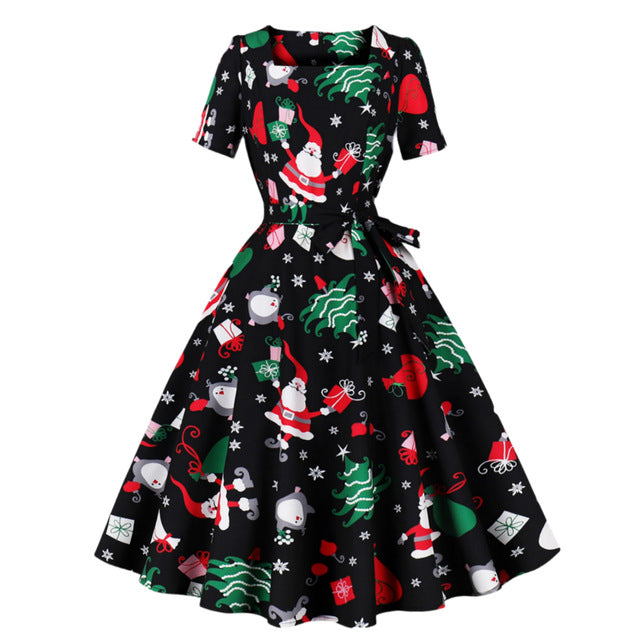 Trend Elegant Christmas Party Dresses Women Print Square Collar Short Sleeves Bowknot Leace-up A-line Dress Female New Vestidos
