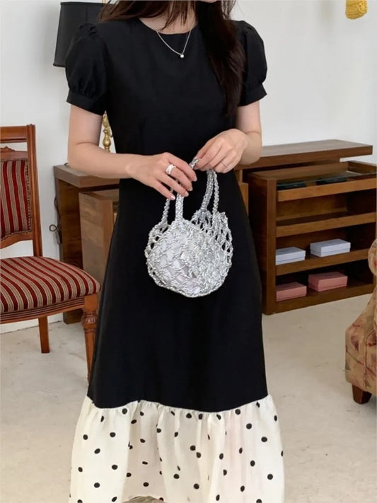 French Vintage Black Midi Dresses for Women Puff Sleeve A-line Patchwork Dot Elegant Korean Fashion One Piece Vestido Autumn New