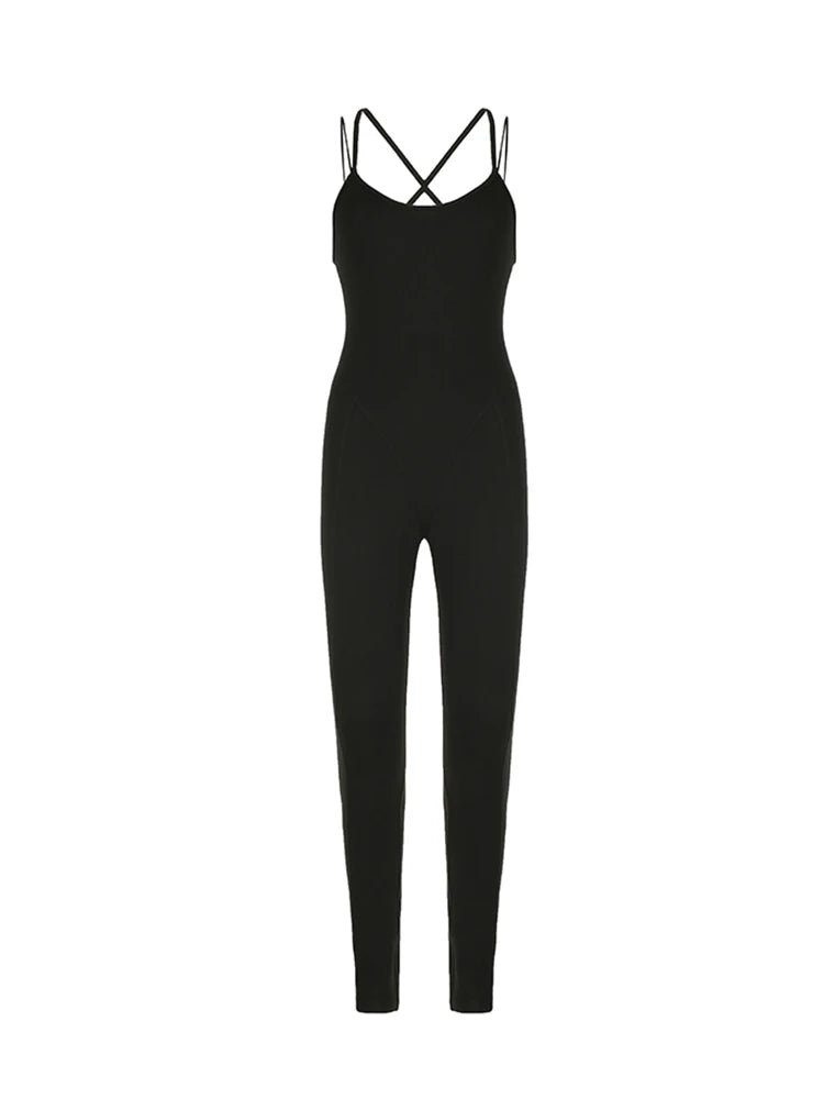 Cross Backless Cut Out Skinny Sexy Sleeveless Black Rompers Womens Jumpsuit Casual Sportswear