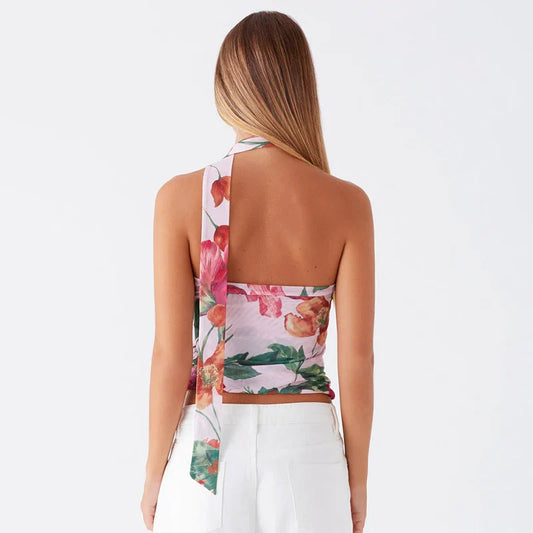 Color Collision Strapless Mesh Sheer Top