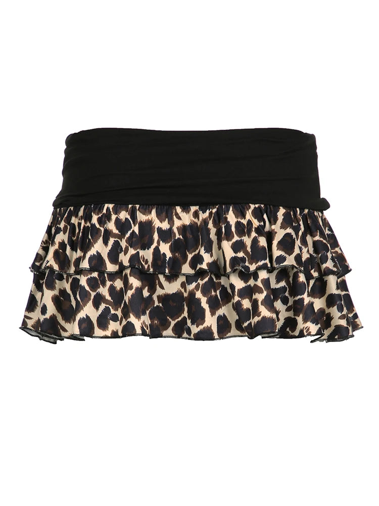 Leopard Contrast Y2k Cake Skirt Women Sexy Cute Hotsweet Basic Chic Retro Clothing Streetwear American Gyaru